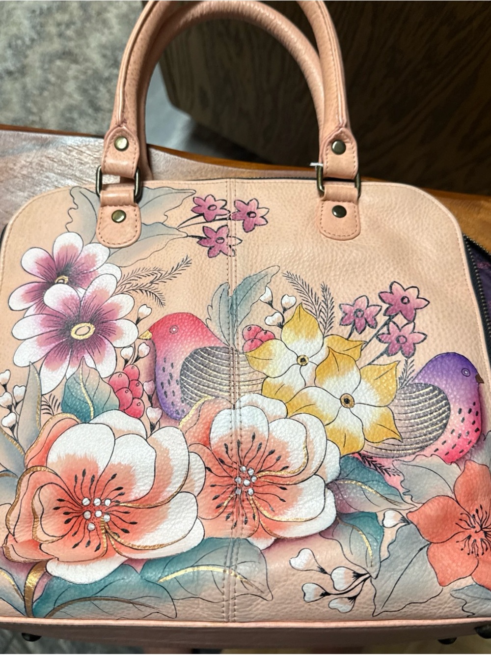 Anuschka Peach Floral Hand-Painted Satchel